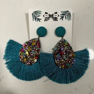 Teal Beaded Fringe Earrings